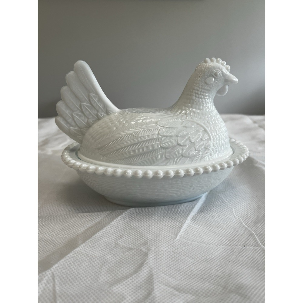 Indiana Glass White Milk Glass Hen On Nest Candy Dish Cottage Farm Vtg Decor